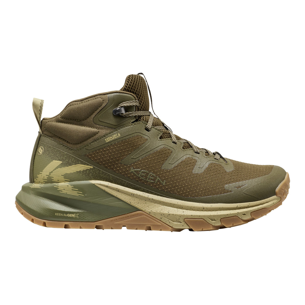 Green hiking boot with brown sole on a white background