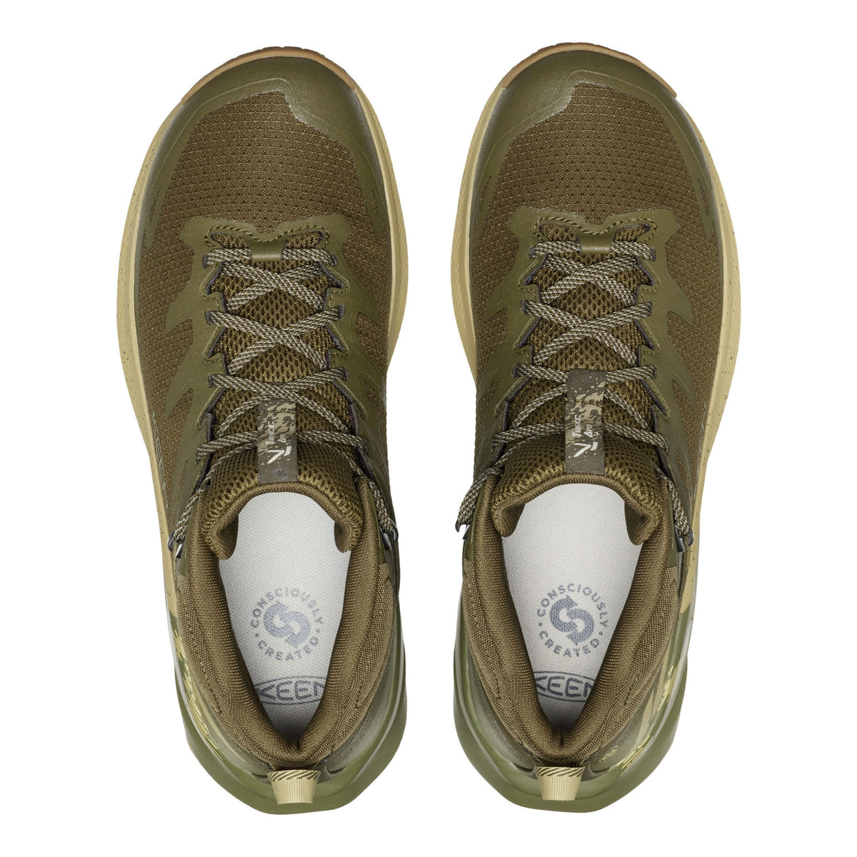 Pair of olive green sneakers with white soles on a white background