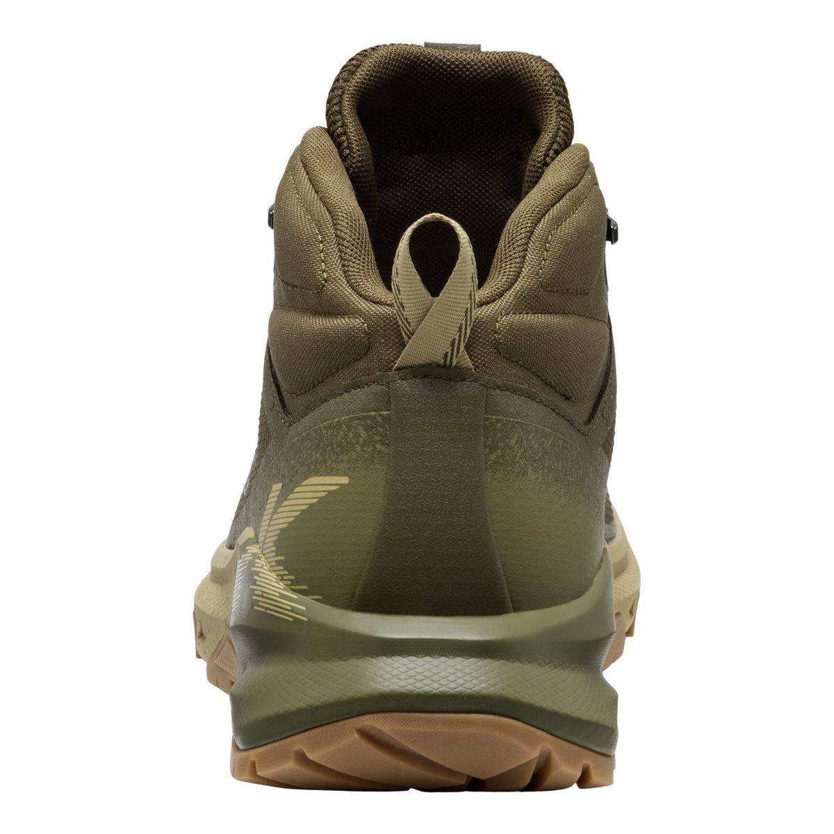 Green hiking boot with brown sole on a white background