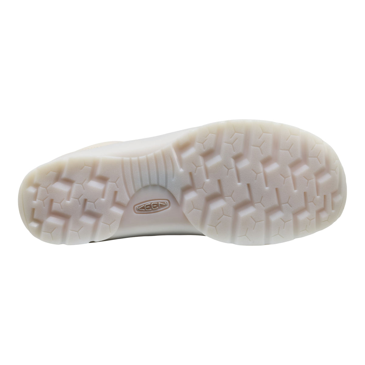 Close-up of a white shoe sole with tread pattern on a white background