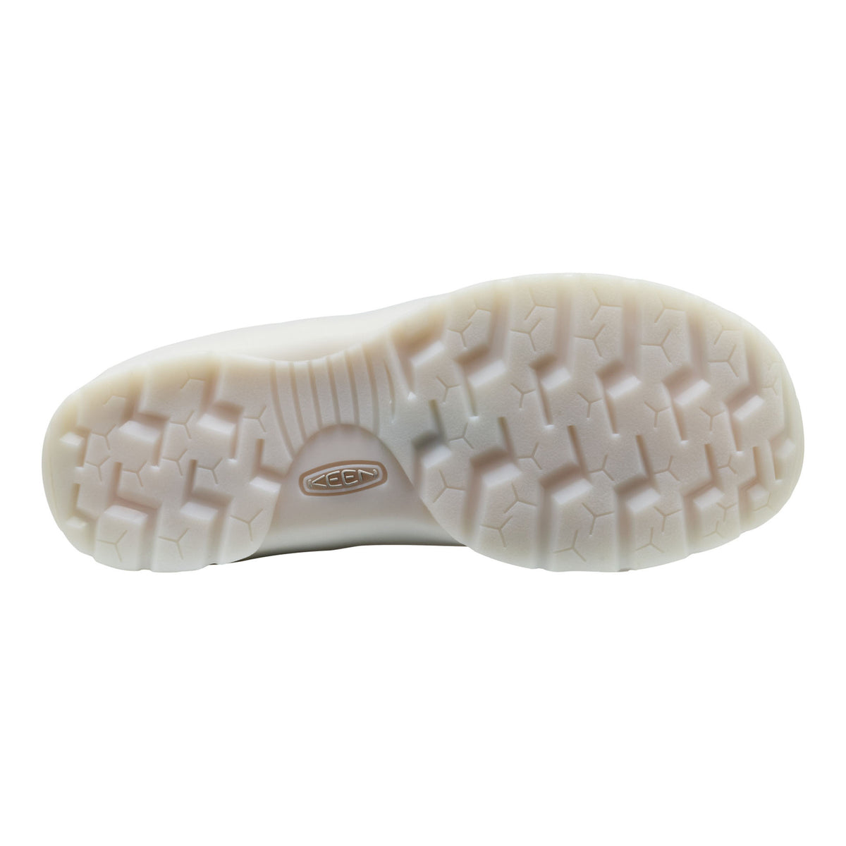 Close-up of a white shoe sole with a brand logo on a white background