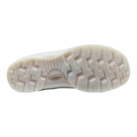Close-up of a white shoe sole with a brand logo on a white background