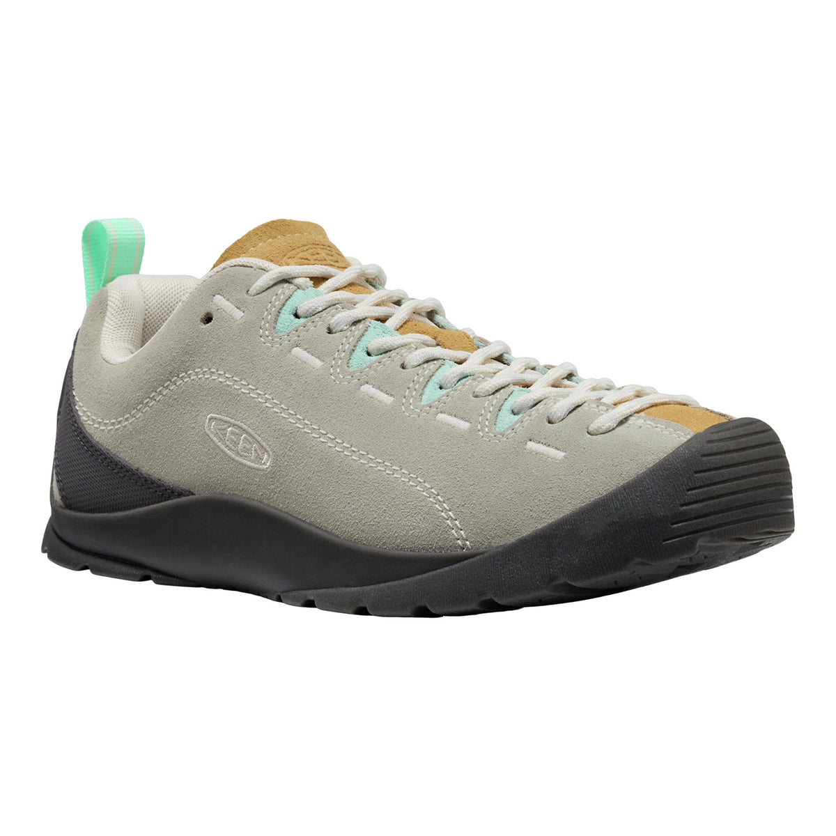 Grey sneaker with brown accents on a white background