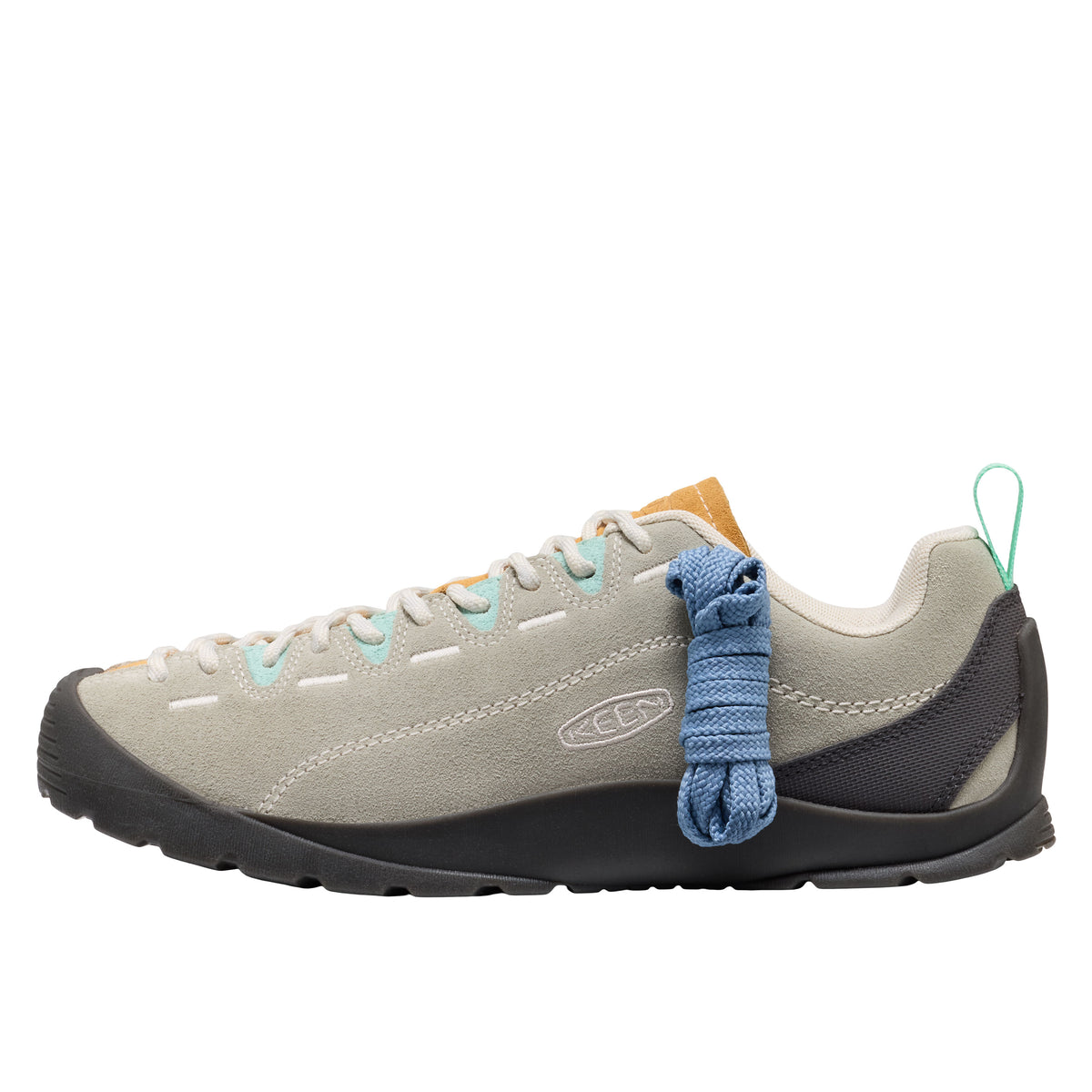 Gray hiking shoe with a blue lanyard on a white background