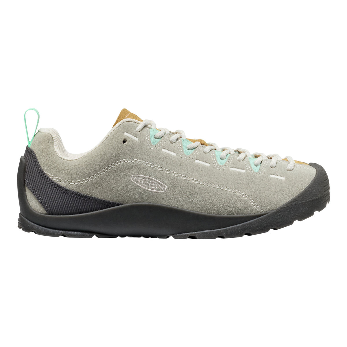 Grey sneaker with black sole on a white background