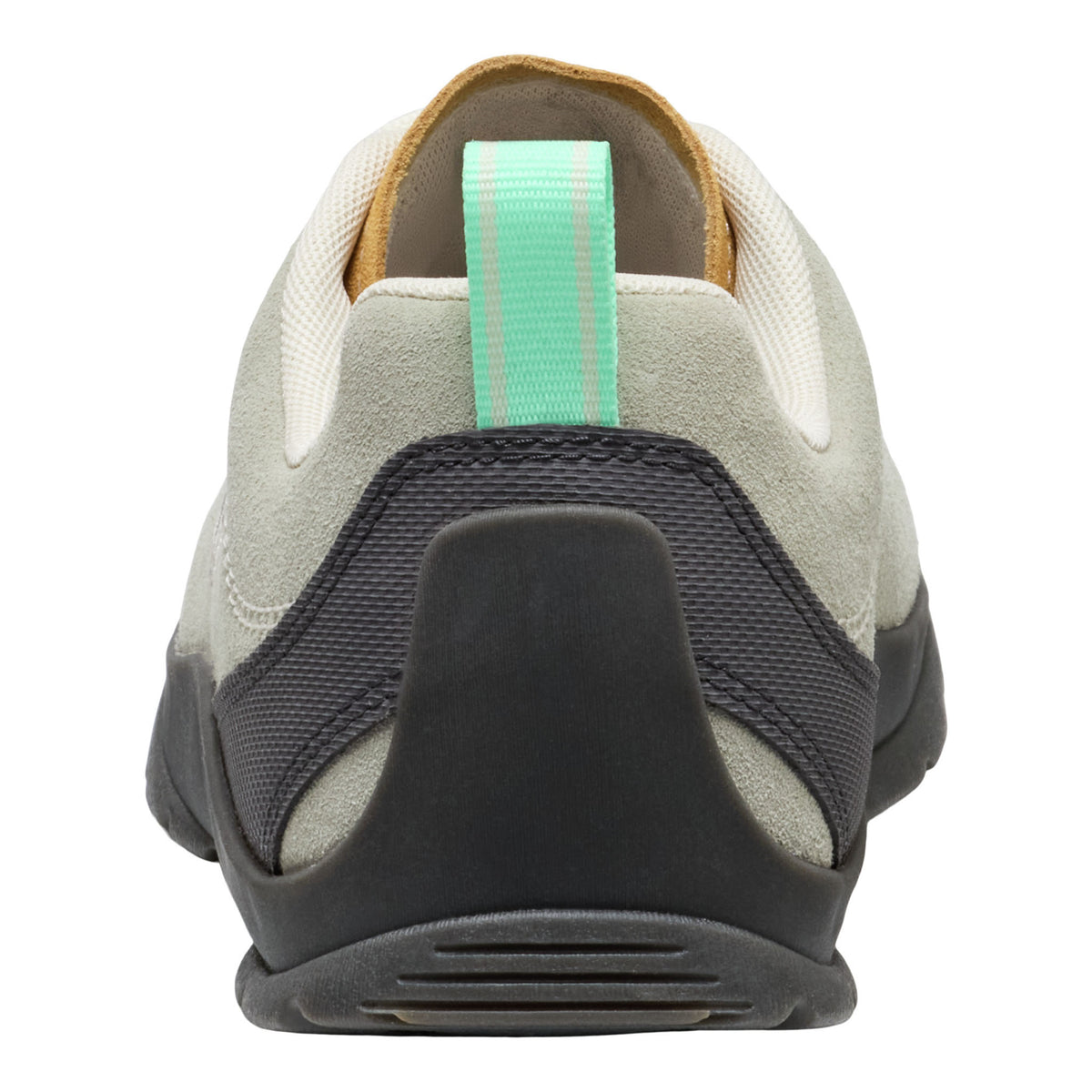 Back view of a grey and black sneaker with a green pull tab on a white background