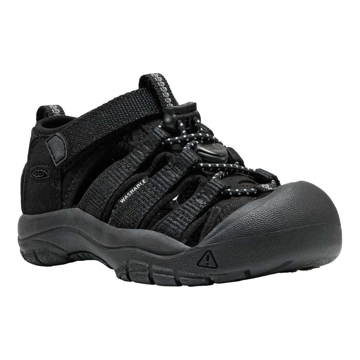 A black Keppra kids' hiking sandal with adjustable straps, a textured synthetic upper, and a rugged sole, shown from a three-quarters angle on a white background.