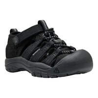A black Keppra kids' hiking sandal with adjustable straps, a textured synthetic upper, and a rugged sole, shown from a three-quarters angle on a white background.