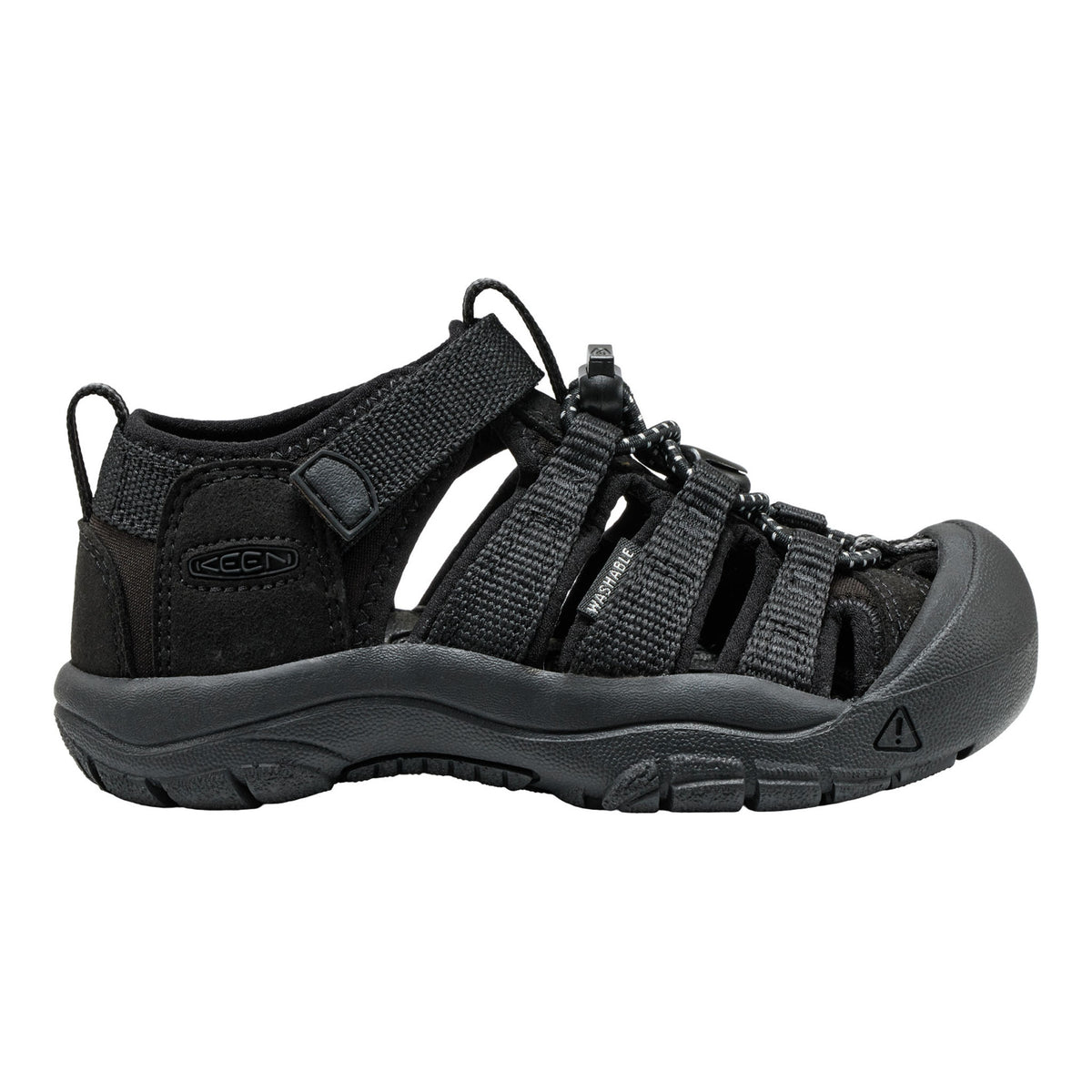 A black Keen sandal with adjustable straps and a thick protective toe cap, shown in a side profile on a white background.