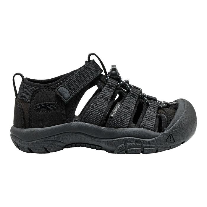 A black Keen sandal with adjustable straps and a thick protective toe cap, shown in a side profile on a white background.