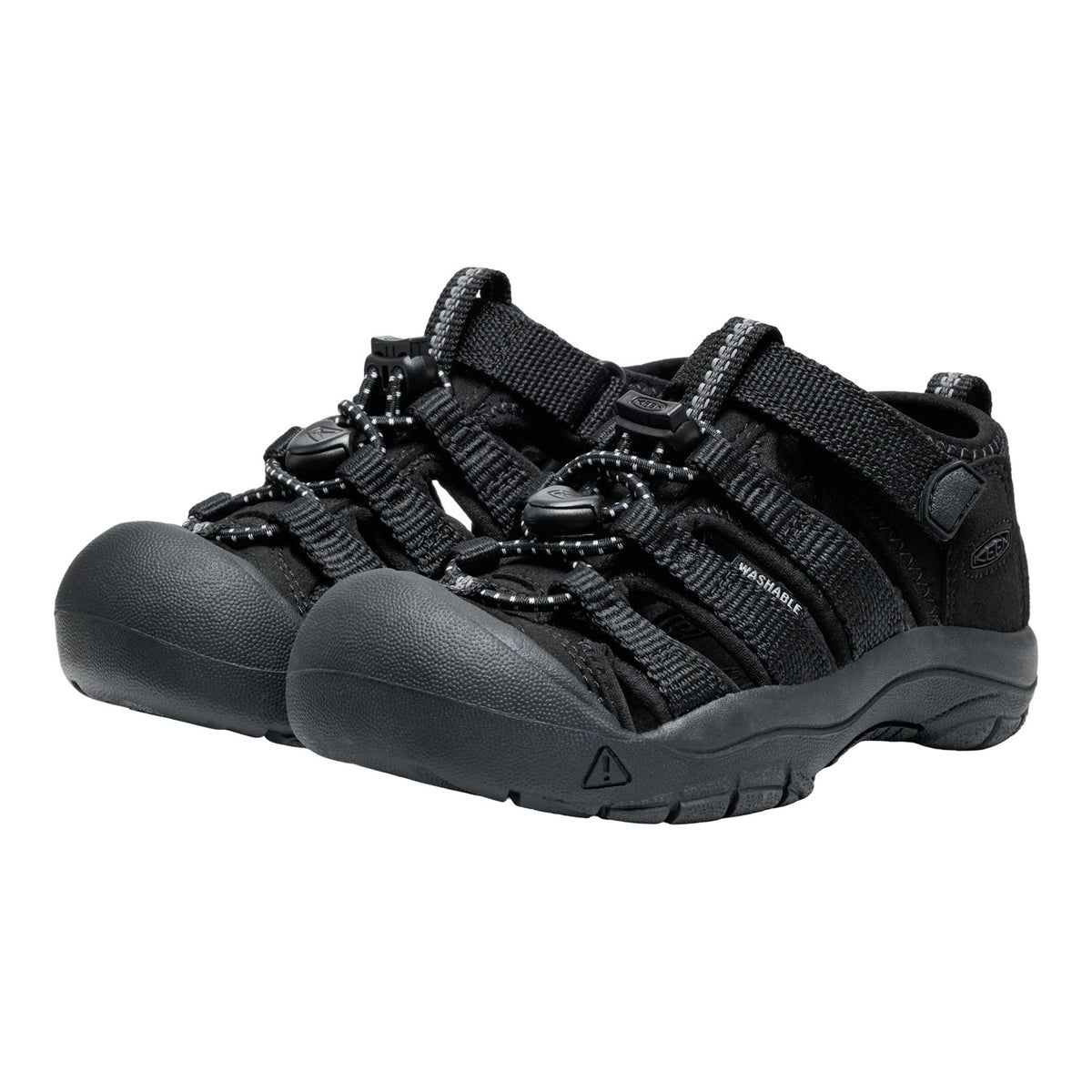 A pair of black keen kids sandals with adjustable straps and textured soles, shown on a plain white background.