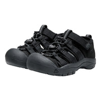 A pair of black keen kids sandals with adjustable straps and textured soles, shown on a plain white background.