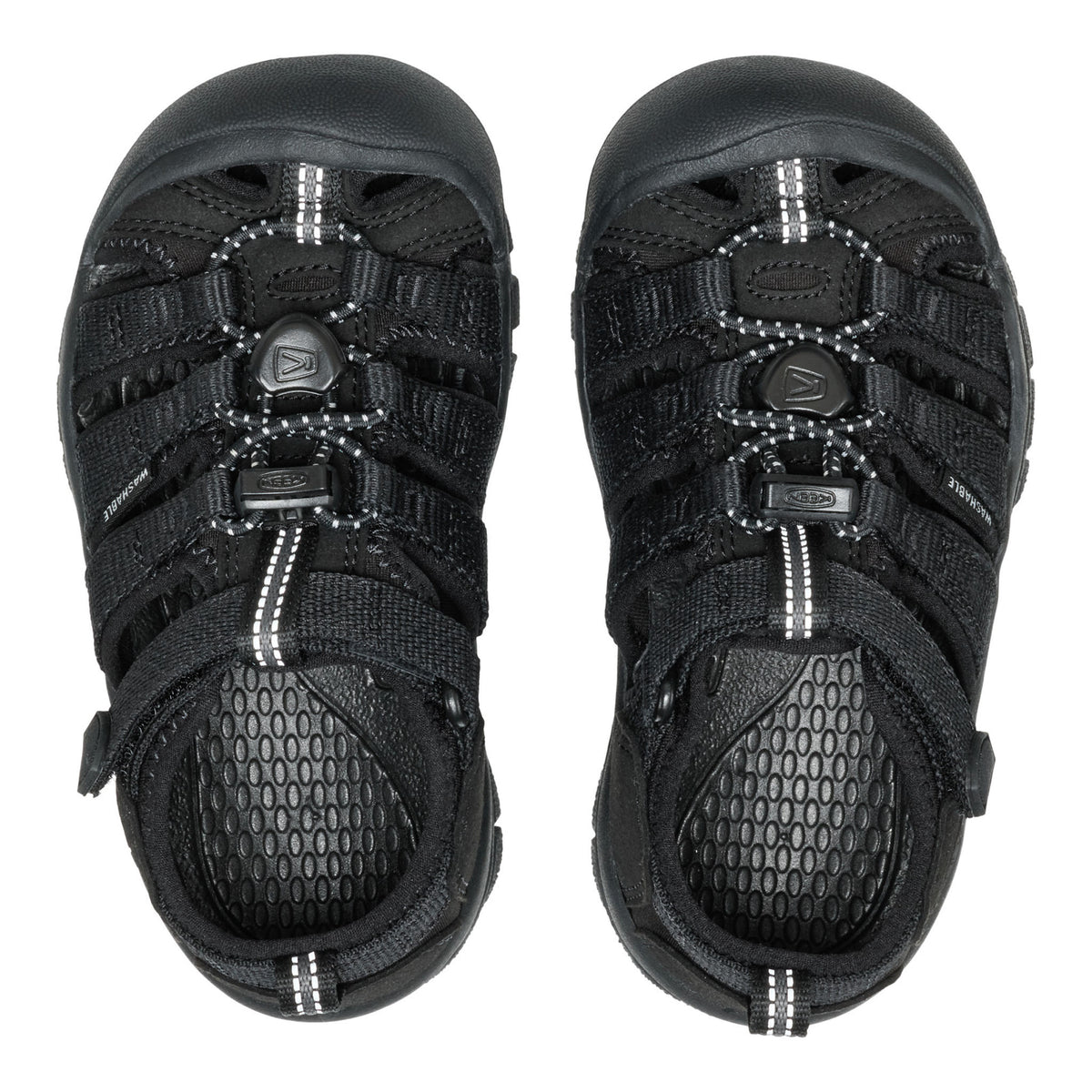 A pair of black Keen sandal shoes shown from a top-down view against a plain white background.