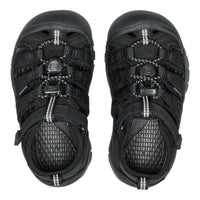 A pair of black Keen sandal shoes shown from a top-down view against a plain white background.