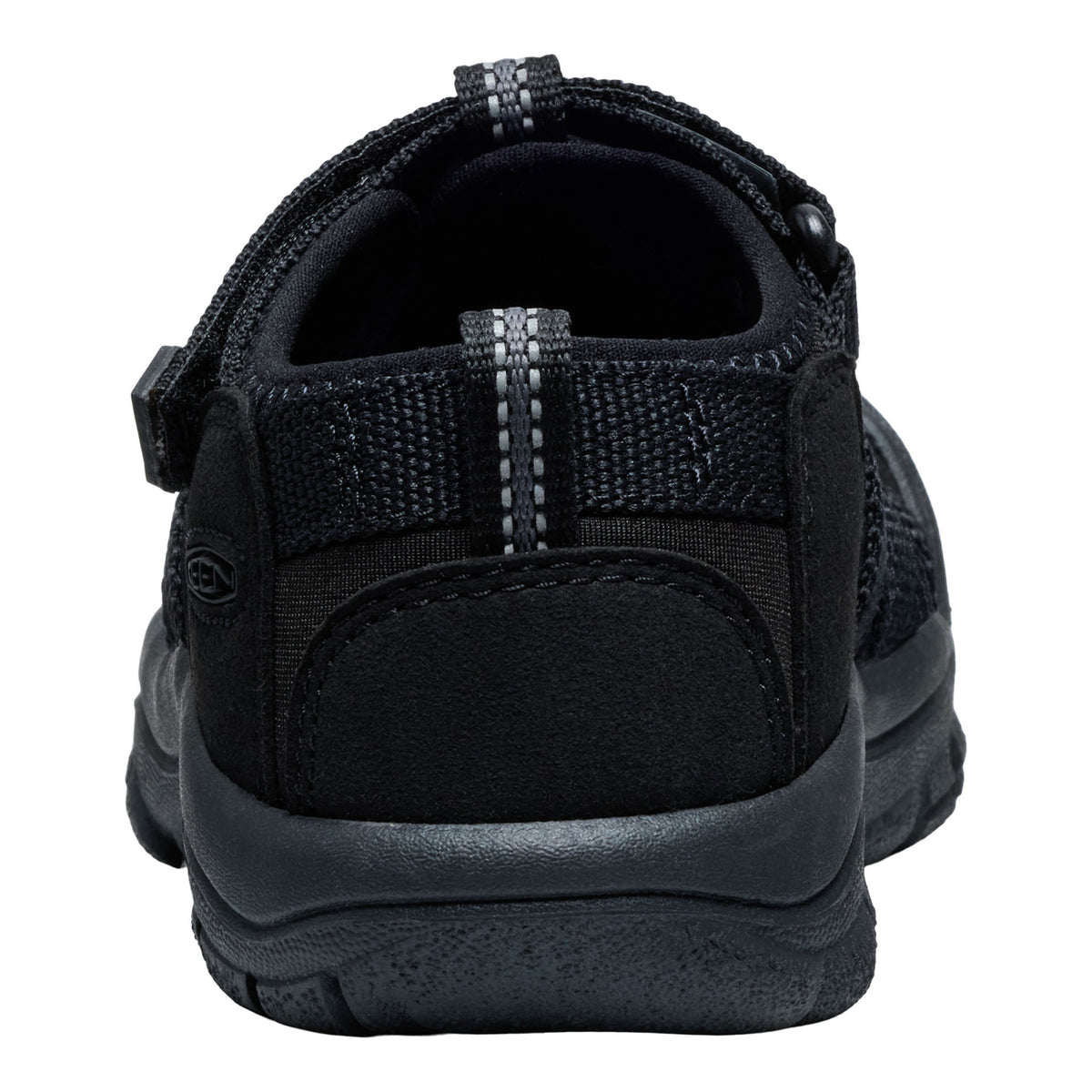 A black Keen sandal shown from a rear three-quarter view against a plain white background.