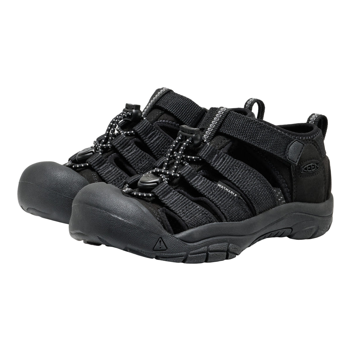 Black hiking shoes with multiple straps on a white background