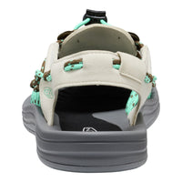 Back view of a sandal with beige straps and gray sole on a white background