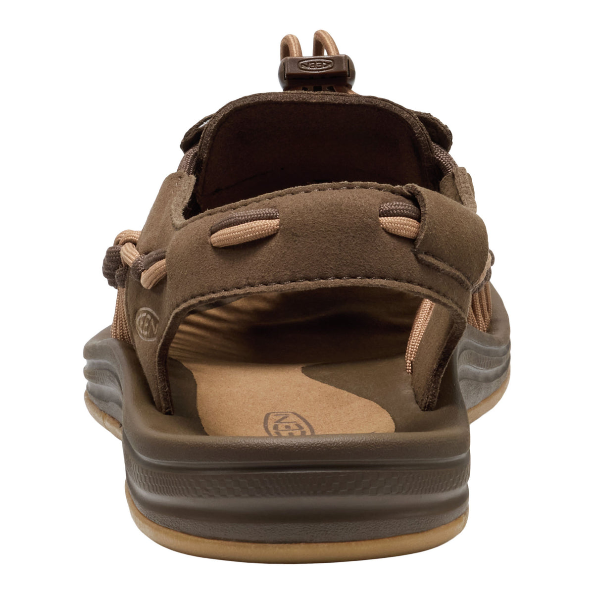 Brown sandal with multiple straps on a white background