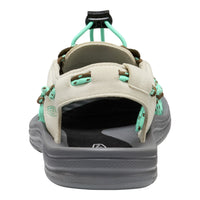 Back view of a sandal with beige upper and gray sole on a white background