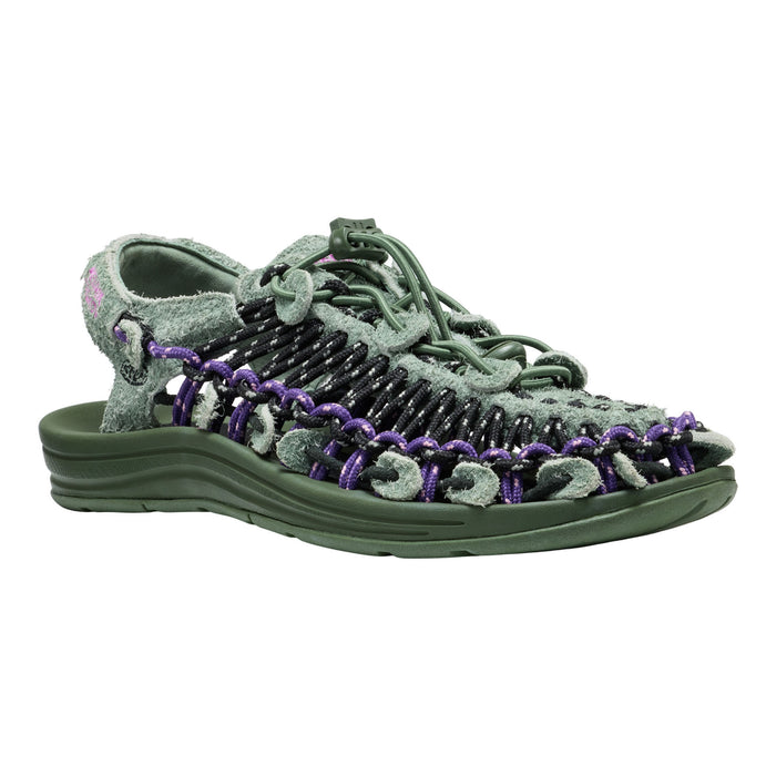A single women's platform sandal in olive green with black and purple woven straps, shown from a side profile on a white background.