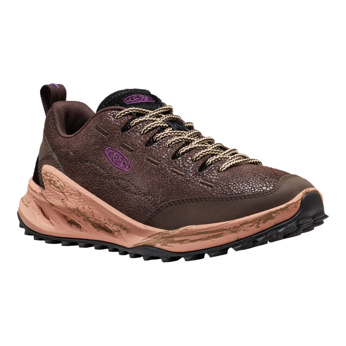 KEEN Jasper Zionic dark brown textured leather with a metallic rose gold midsole and beige laces, shown from a side profile on a white background.