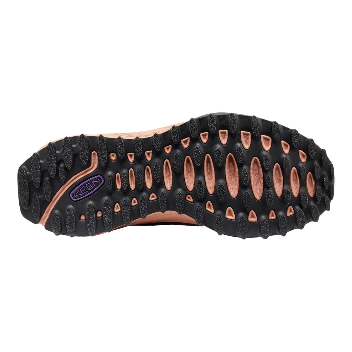 Jasper Zionic shoe, showing a black tread pattern with rose gold accents and a purple Keen logo badge.