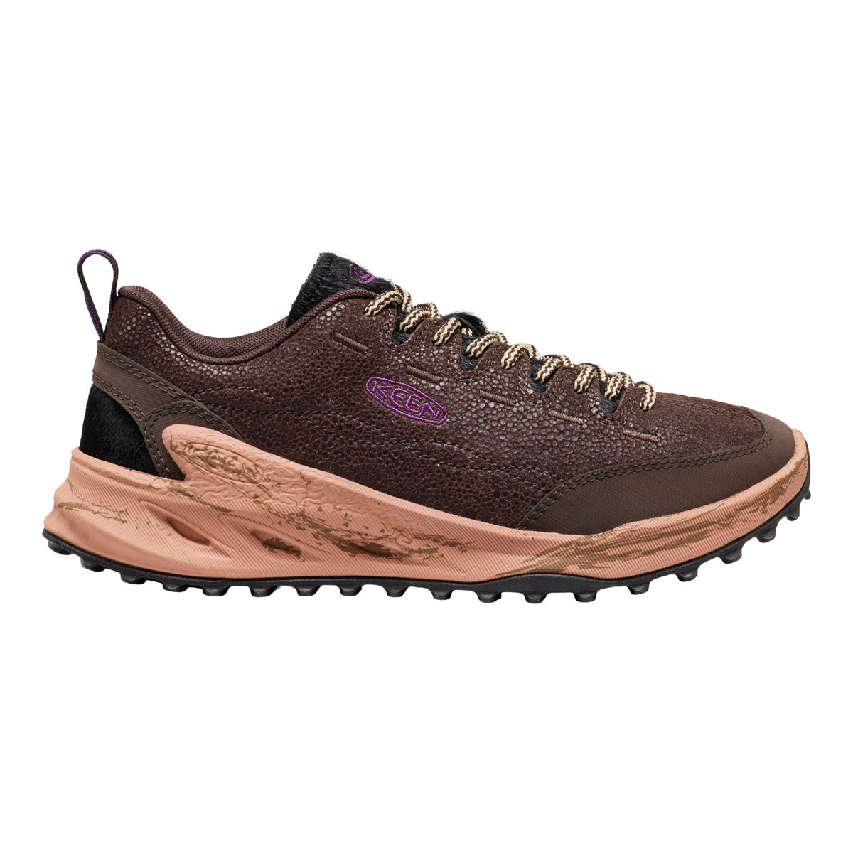 KEEN Jasper Zionic dark brown with a textured leather upper, beige laces, a chunky dusty-rose midsole with a black outsole, shown against a plain white background.