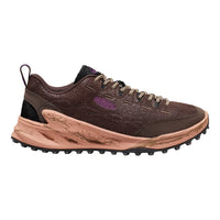 KEEN Jasper Zionic dark brown with a textured leather upper, beige laces, a chunky dusty-rose midsole with a black outsole, shown against a plain white background.