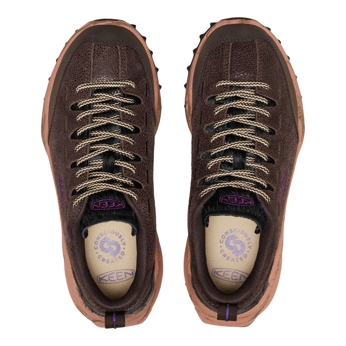 A pair of KEEN work boots in dark brown textured leather, shown from a top-down view on a solid white background.