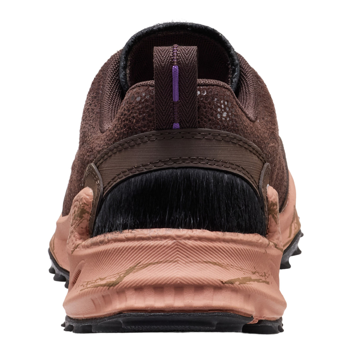 A close-up rear view of a brown mesh Jasper Zionic shoe with a black heel counter and a thick, textured dusty-rose midsole on a white background.