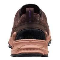 A close-up rear view of a brown mesh Jasper Zionic shoe with a black heel counter and a thick, textured dusty-rose midsole on a white background.