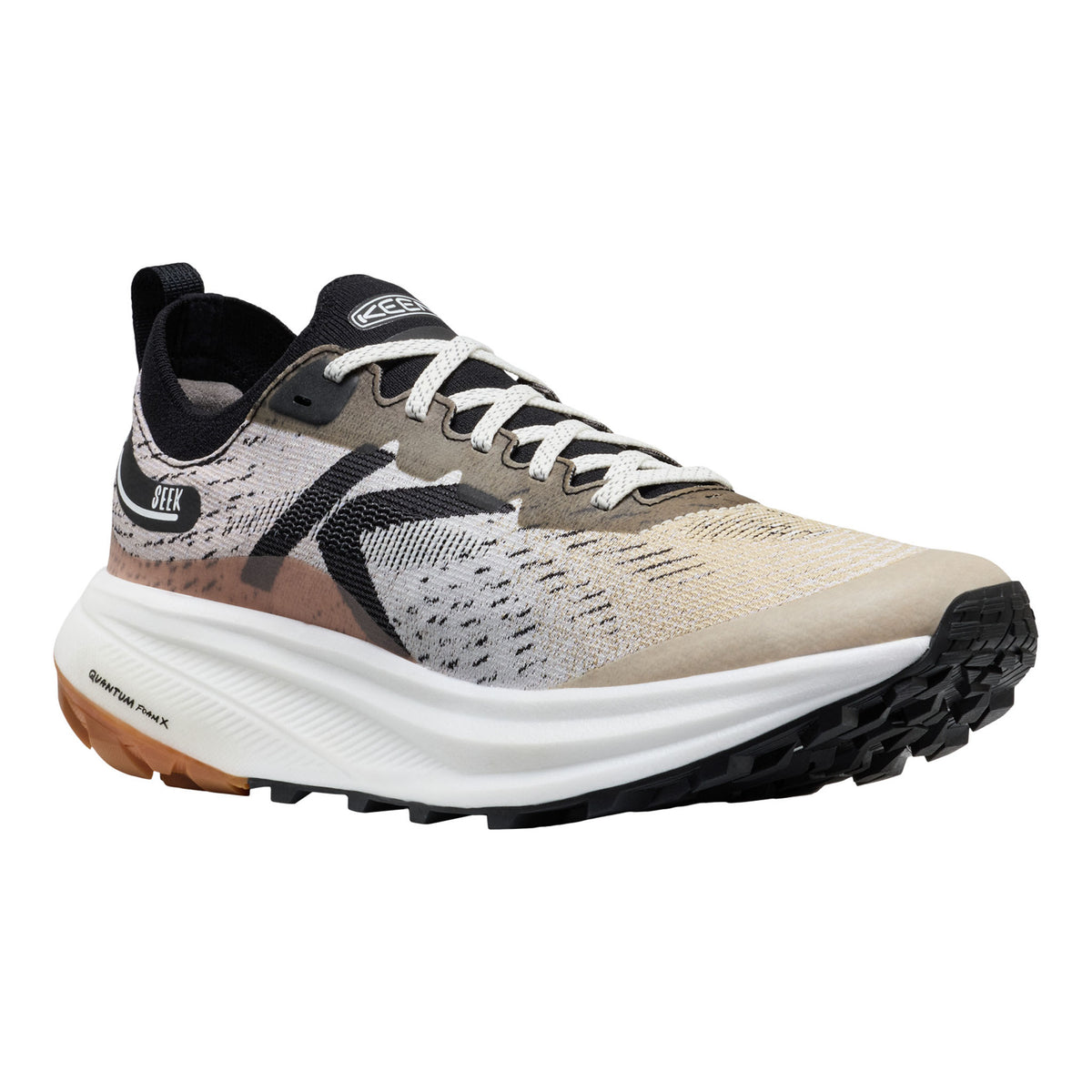 Running shoe with a white sole and patterned upper on a white background