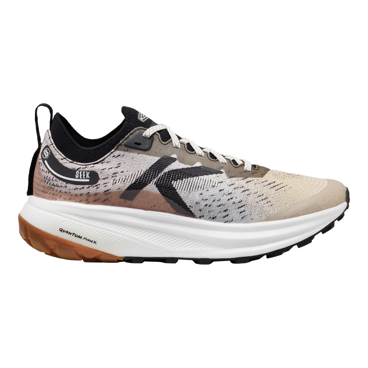 Running shoe with a unique pattern on a white background