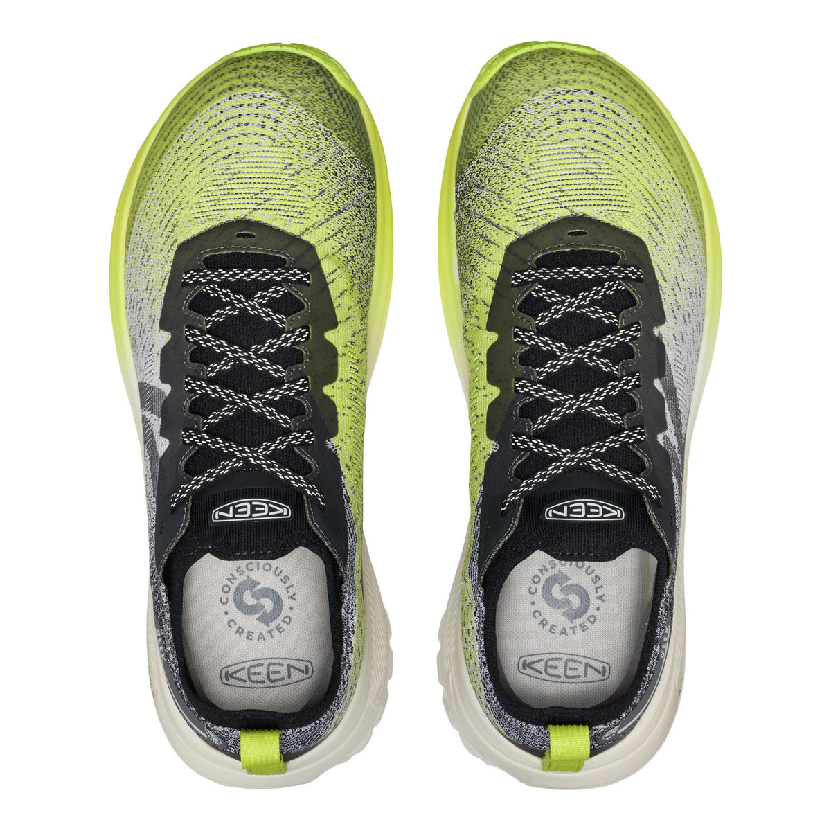 Pair of green and black KEEN shoes on a white background