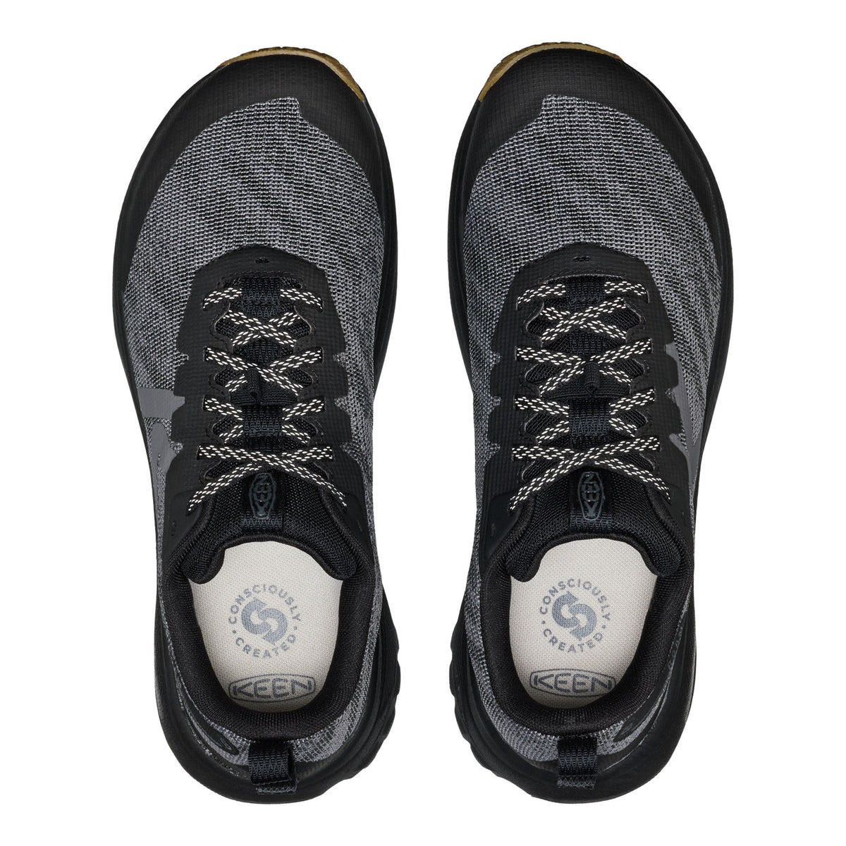A pair of KEEN brand athletic shoes shown from a top-down view, featuring a black and gray knit upper, black laces, and white insoles.