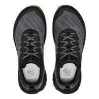 A pair of KEEN brand athletic shoes shown from a top-down view, featuring a black and gray knit upper, black laces, and white insoles.
