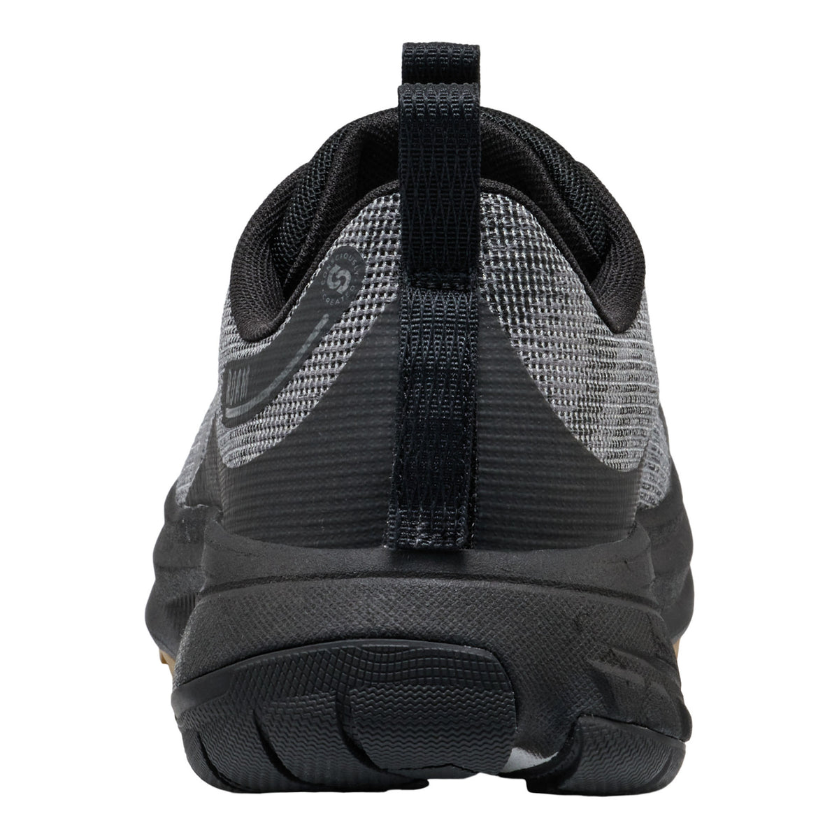 Close-up rear view of a black and gray athletic shoe showing the heel, pull tab, textured mesh upper, and rugged sole on a white background.