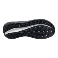 Close-up of a black athletic shoe sole with tread pattern on a white background