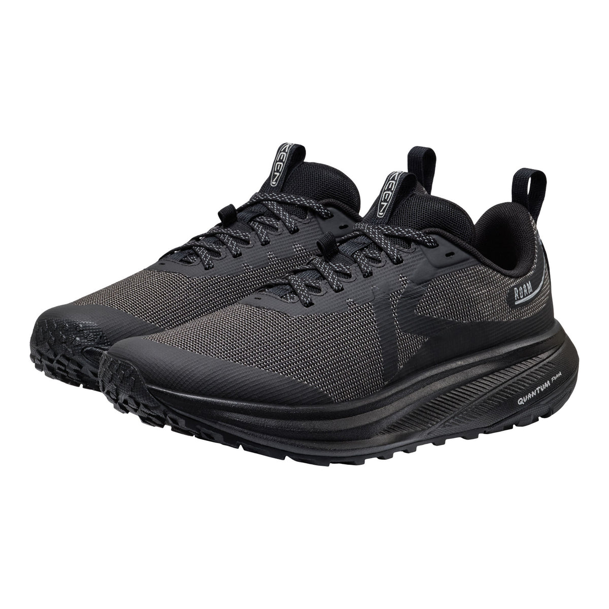 Black running shoes on a white background