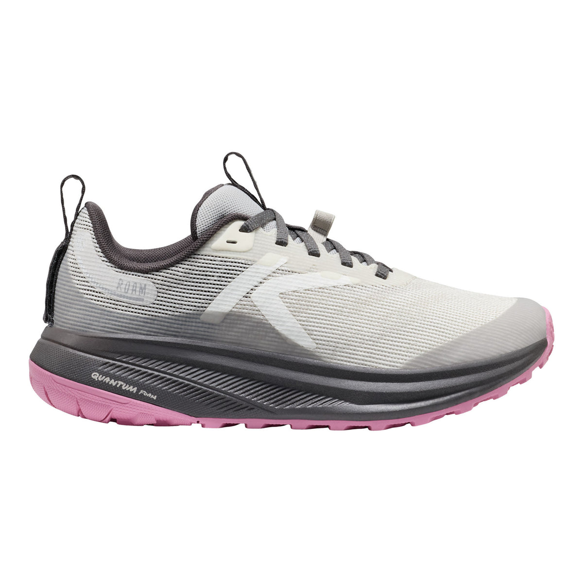 White and gray running shoe with pink sole on a white background