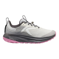 White and gray running shoe with pink sole on a white background