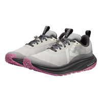 White and gray running shoes with pink soles on a white background