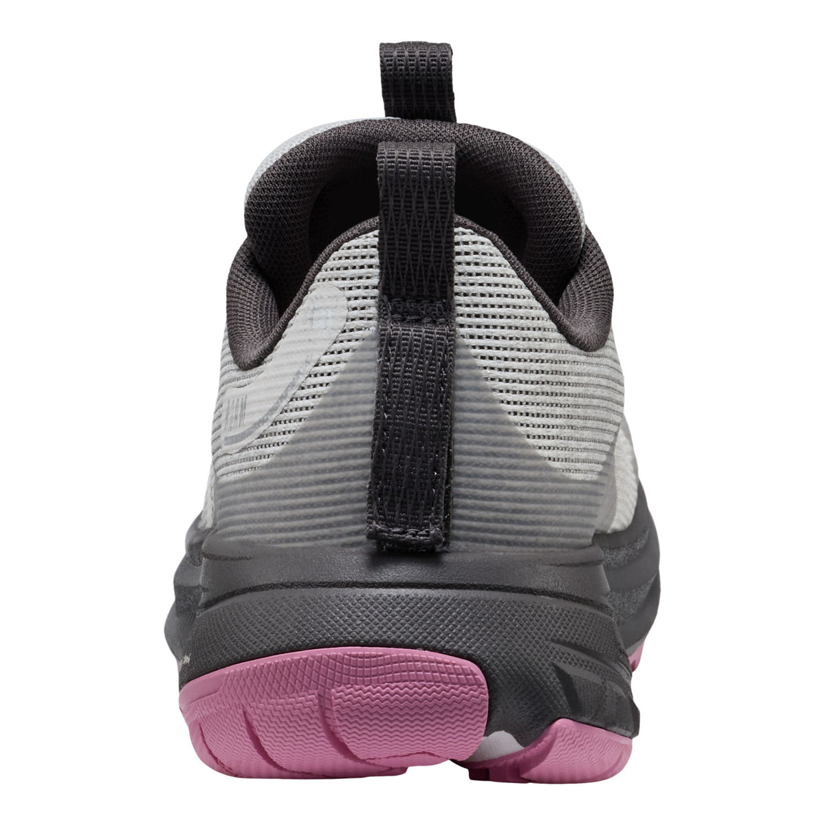 Back view of a gray and pink athletic shoe with a black strap on a white background