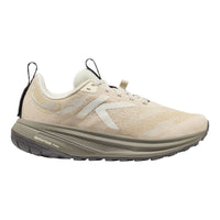 Beige running shoe with black sole on a white background