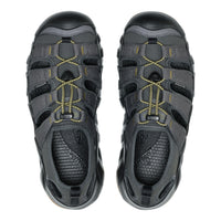 Pair of gray sandals with black soles on a white background