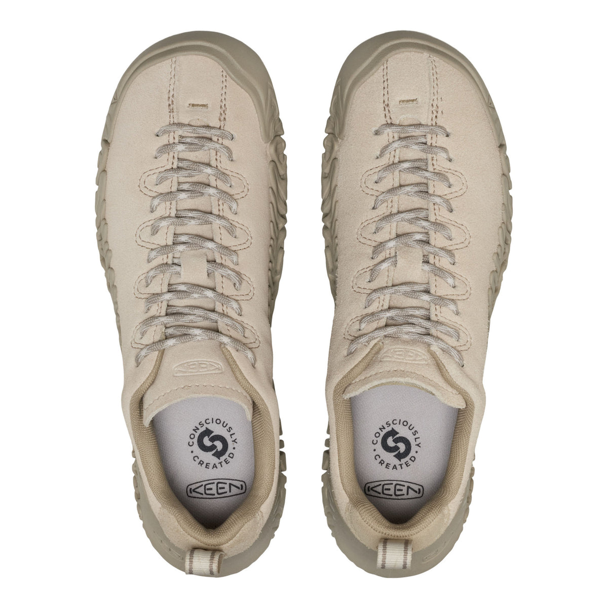 A pair of KEENs in a light beige/tan color, shown from a top-down view on a white background.
