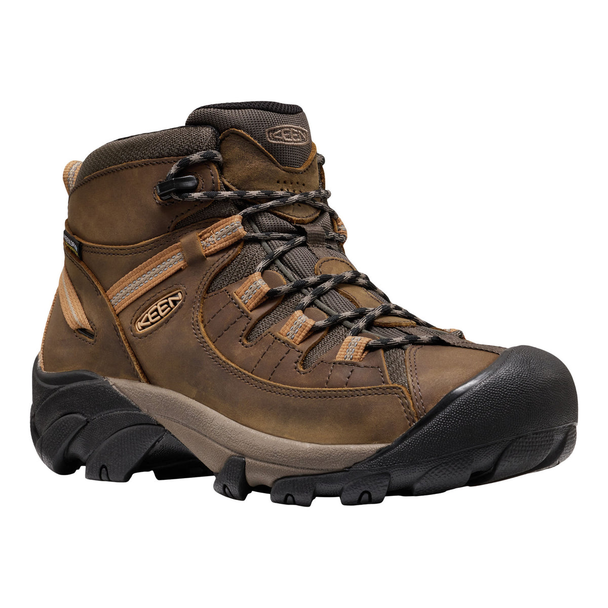 Brown hiking boot with black sole on a white background
