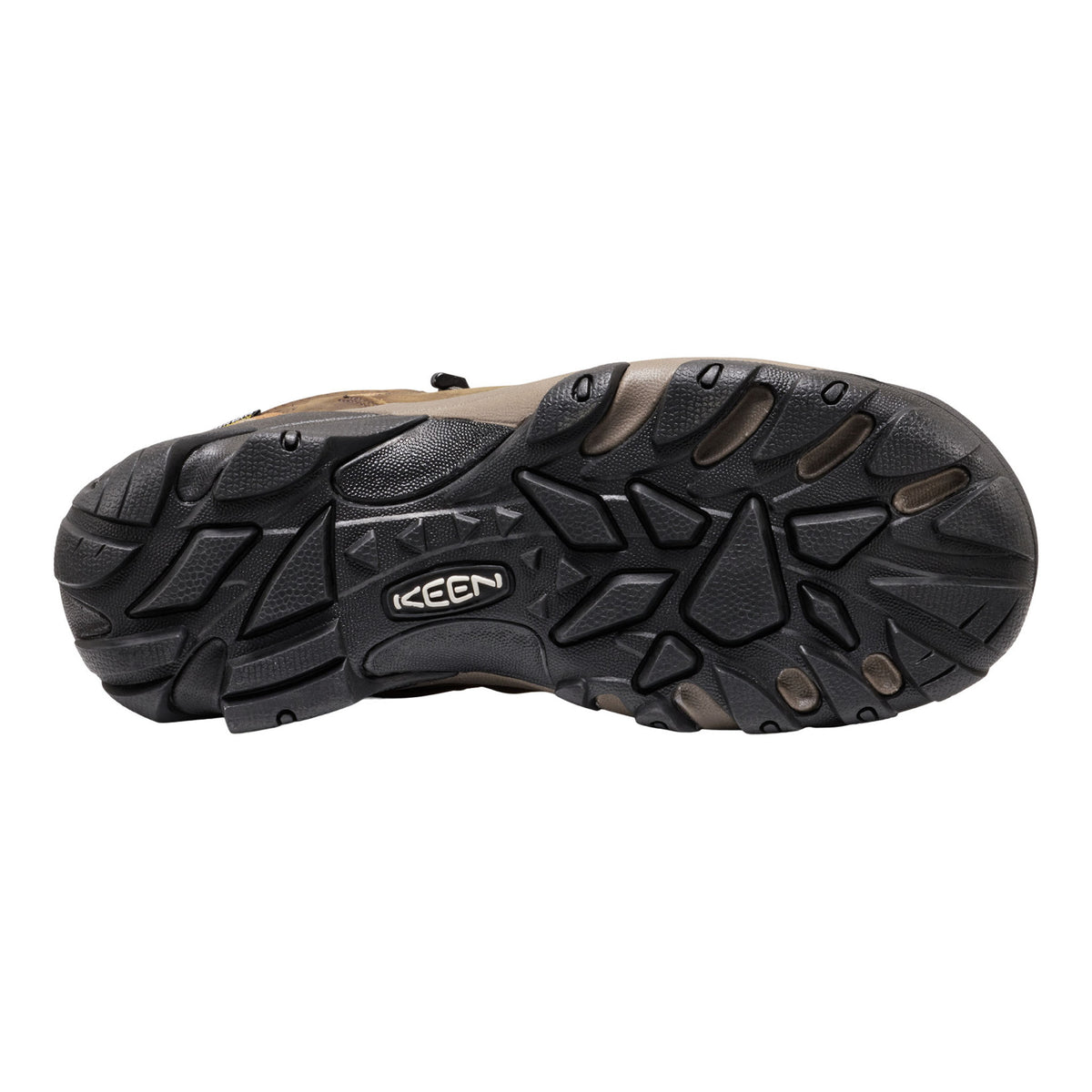 Black sole of a sandal with 'Keen' branding on a white background