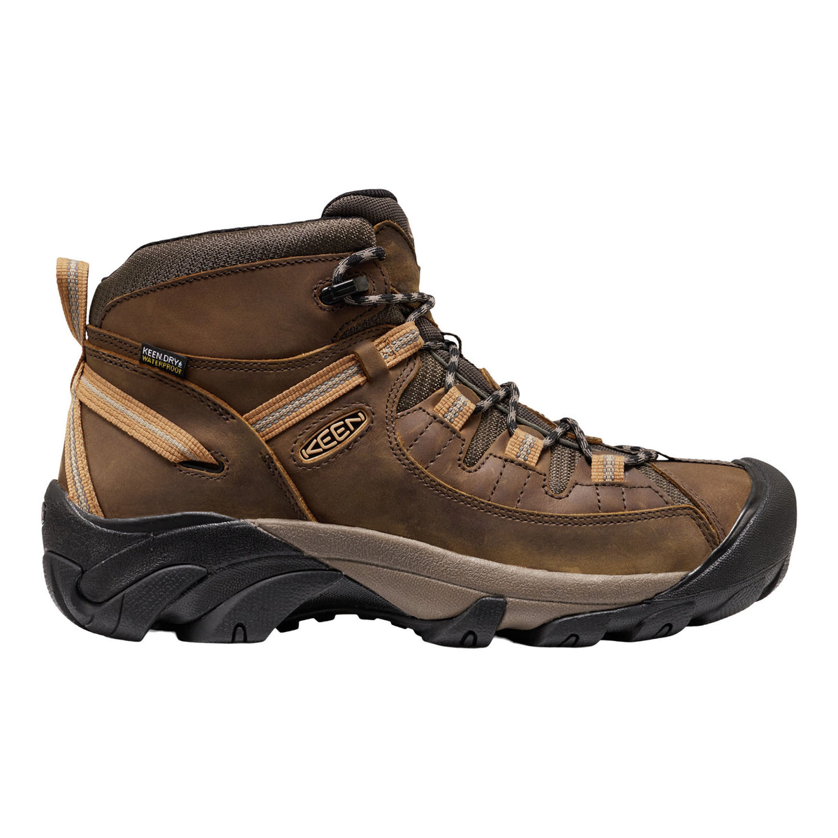 Brown hiking boot with black sole on a white background