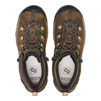 Pair of brown hiking boots with black soles on a white background